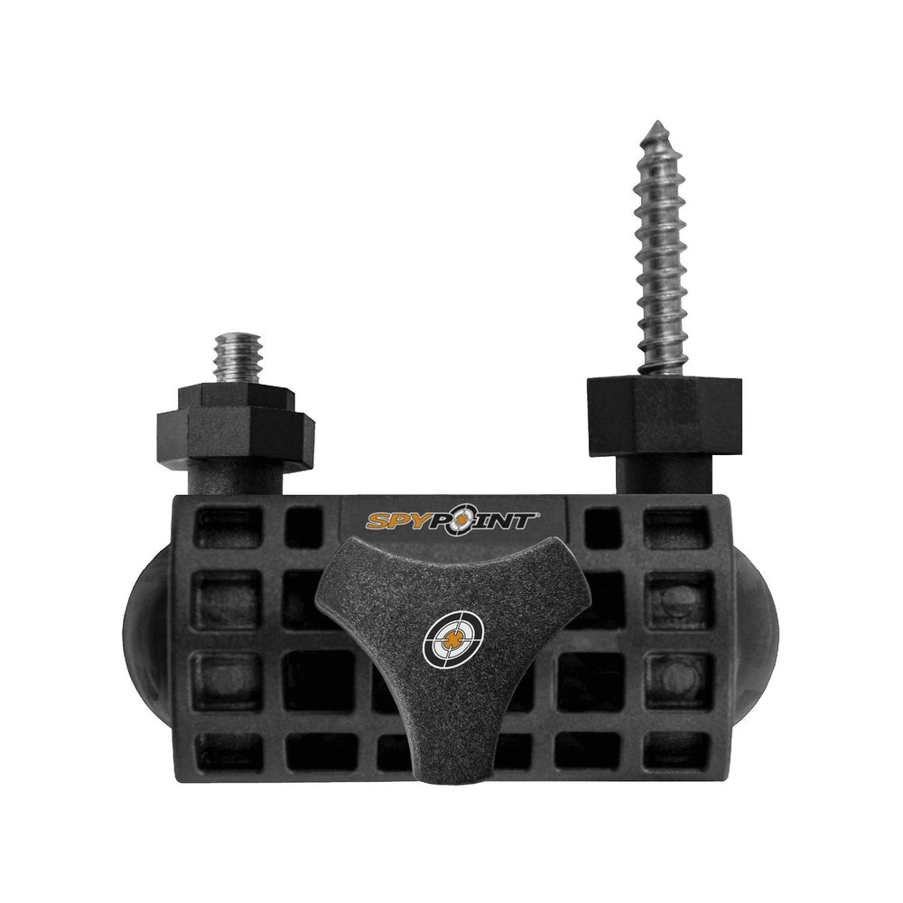 Spypoint camera mounting arm viewed front-on, showing the ribbed clamp body, thumb screw and vertical tree screw