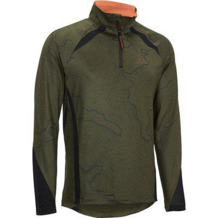 SwedTeam Alpha Antibite sweater in olive green with a tonal topographic-line print, front view with a quarter-zip and orange zip pull