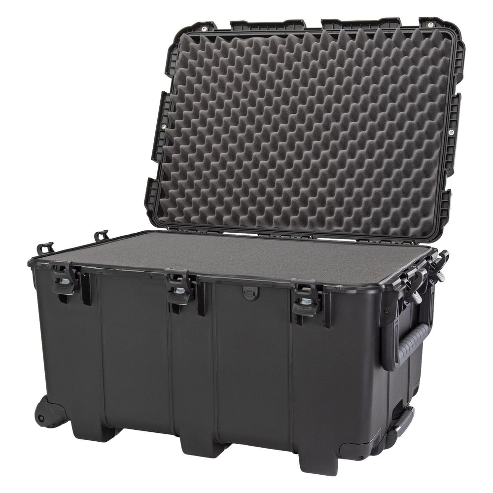 NANUK 975 hard case open at an angle, showing the cubed convoluted foam in the lid and the flat foam sheet across the base.
