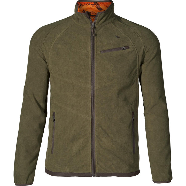 The same fleece reversed to its plain pine green side, front view with a zipped chest pocket and the orange camo lining showing at the collar