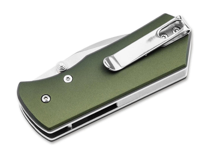 Böker Plus Lefti olive green folding knife closed, showing pocket clip, angled view