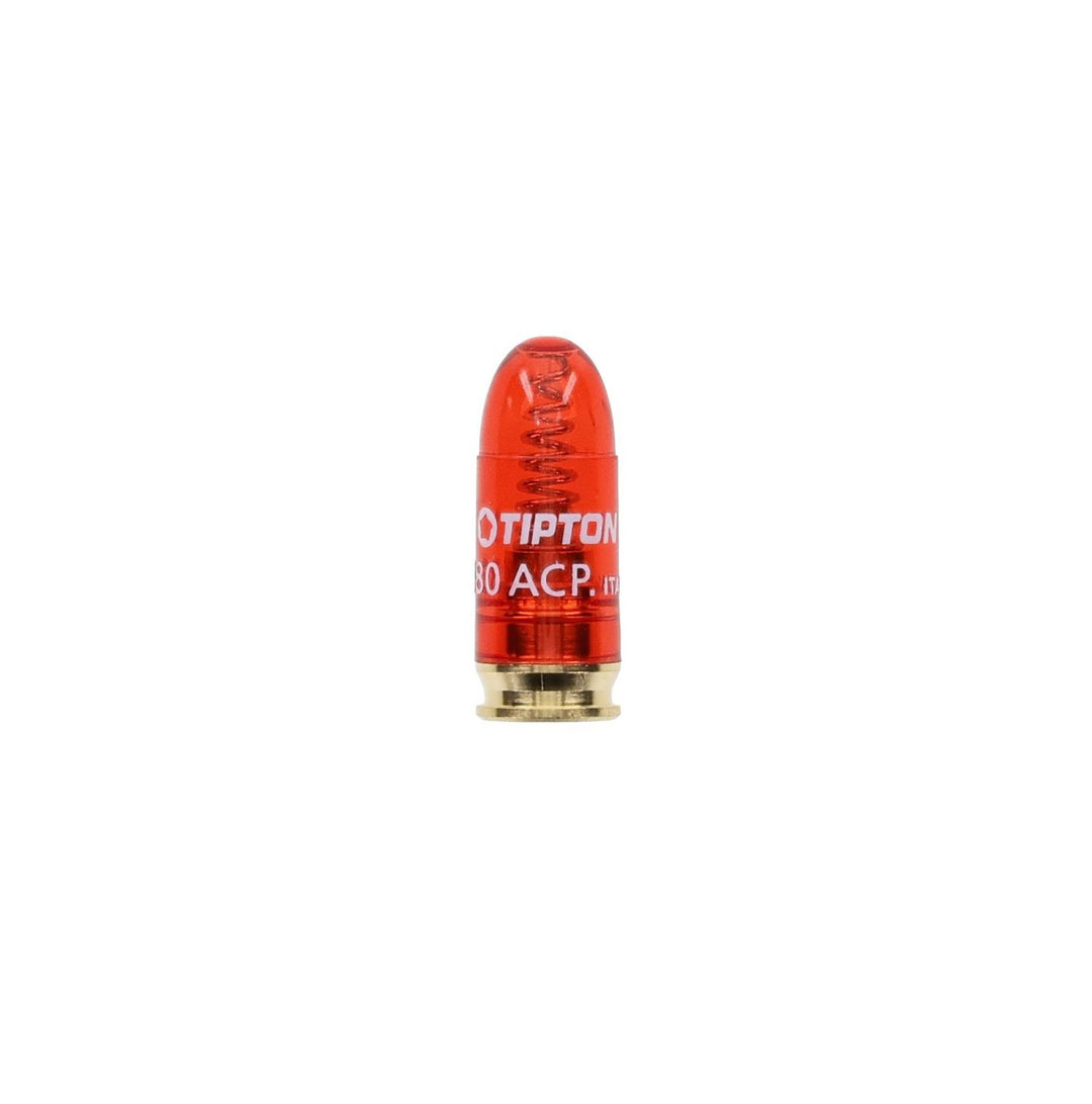 Tipton .380 ACP snap cap, short translucent red dummy pistol round with a brass base, standing upright with Tipton 380 ACP printed on the case