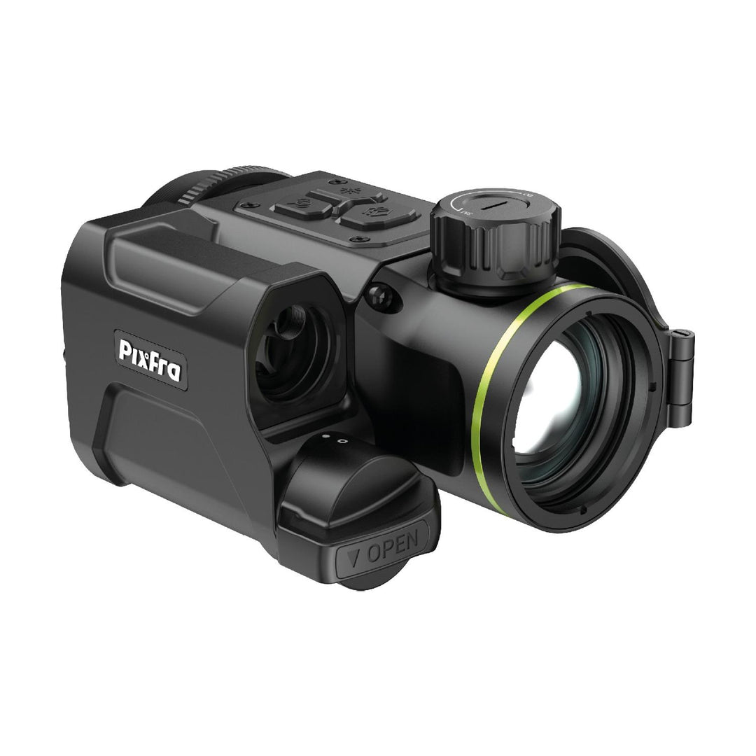 Pixfra Taurus T425 LRF thermal front attachment in black, three-quarter view with the laser rangefinder module below the yellow-ringed eyepiece