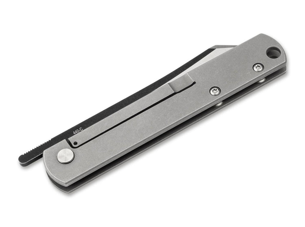 Böker Plus Zenshin Framelock folding knife closed, grey handle with pocket clip, angled view