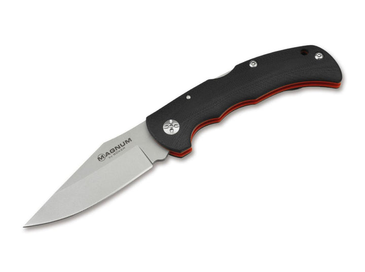 Böker Magnum Most Wanted folding knife with black G10 handle, red liners and satin clip-point blade, open side view
