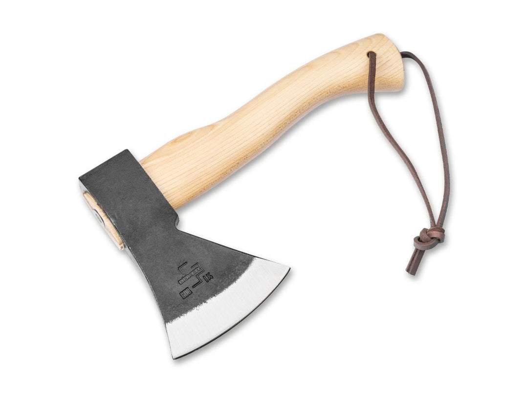 Böker Plus Appalachian Origin mini axe with light wood handle, leather lanyard and forged black head, shown from the left