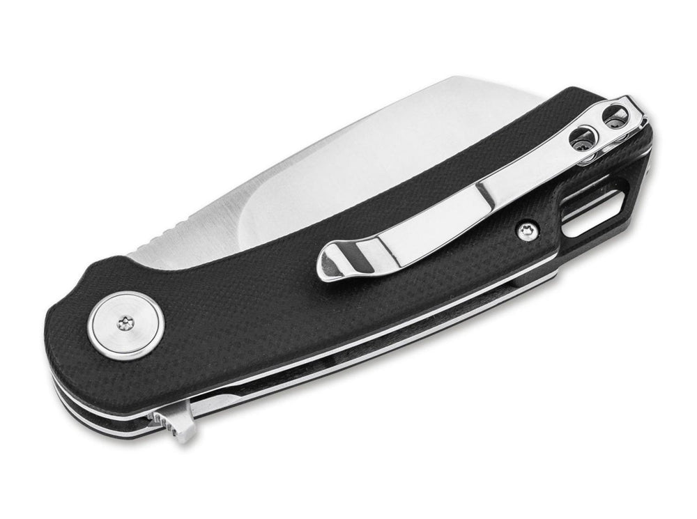 Böker Magnum Cliff Wharn folding knife, black handle back view showing pocket clip and blade spine