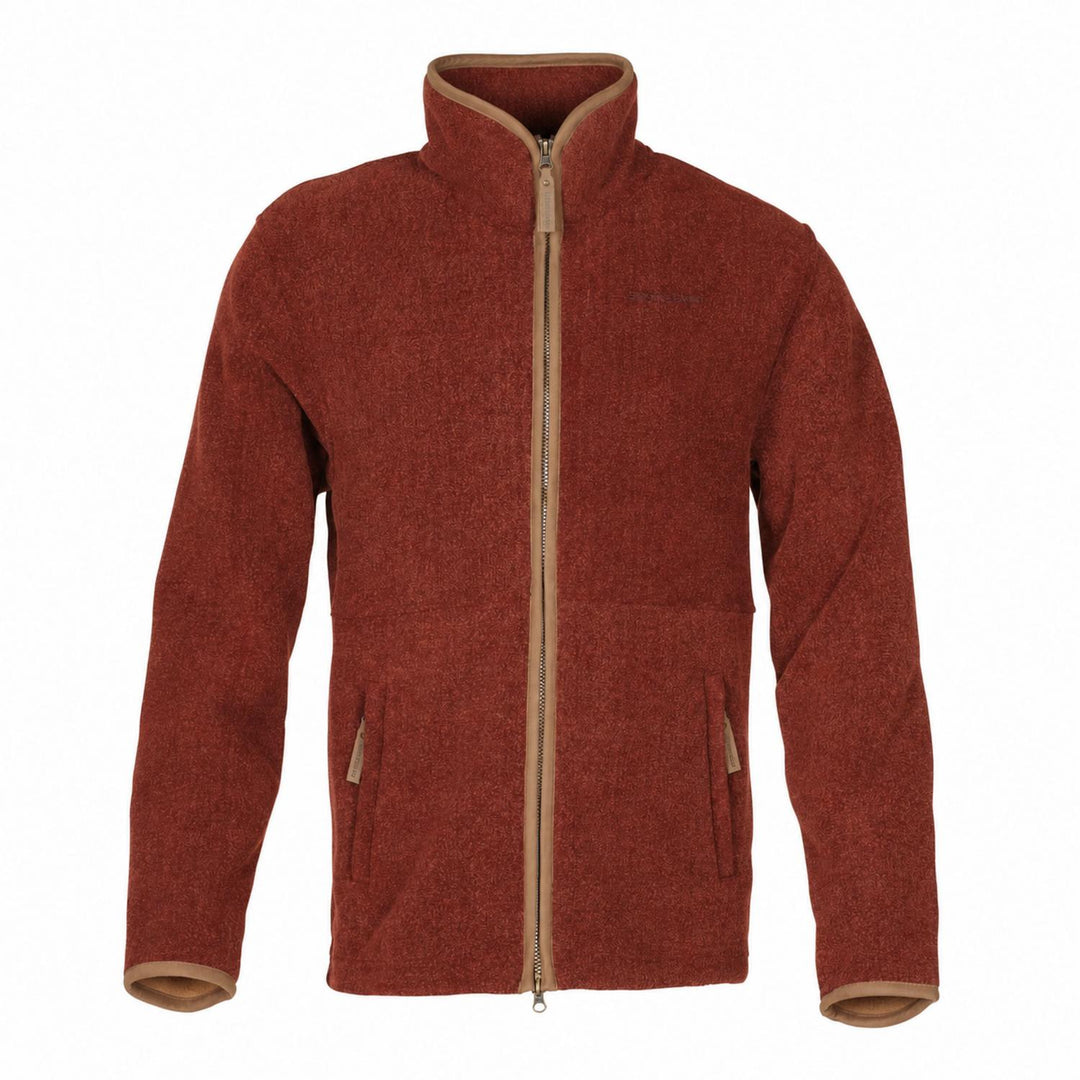 Front-on view of the rust red fleece jacket, zip closed, showing the two zipped hand pockets and tan-trimmed collar.