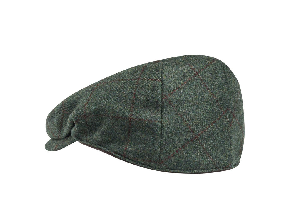Beretta St James green tweed flat cap, three-quarter view from above showing the crown, overcheck pattern and peak