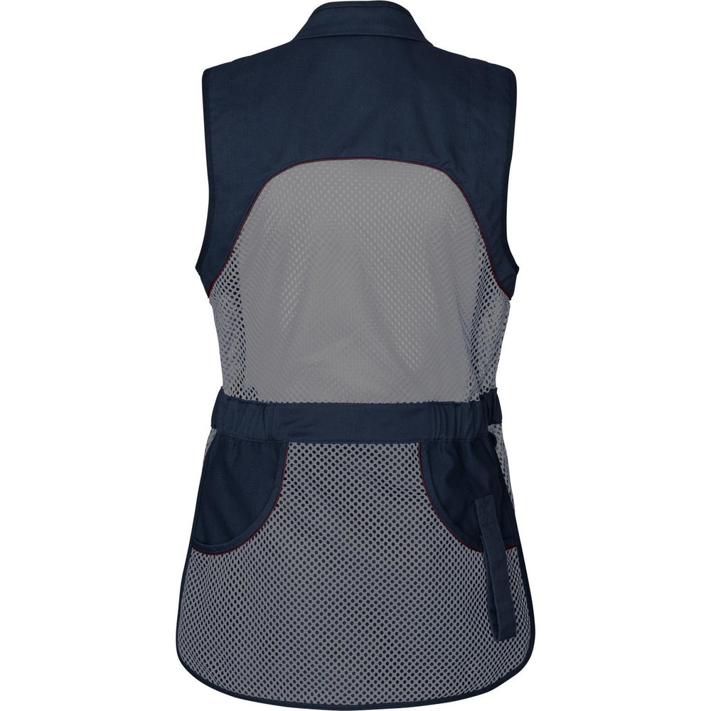 Seeland Skeet II Lady waistcoat in navy, back view showing the grey mesh back and lower back panels and the elasticated waist
