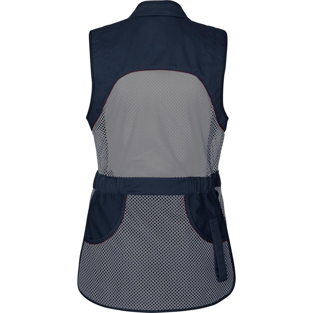 Seeland Skeet II Lady waistcoat in navy, back view showing the grey mesh back and lower back panels and the elasticated waist