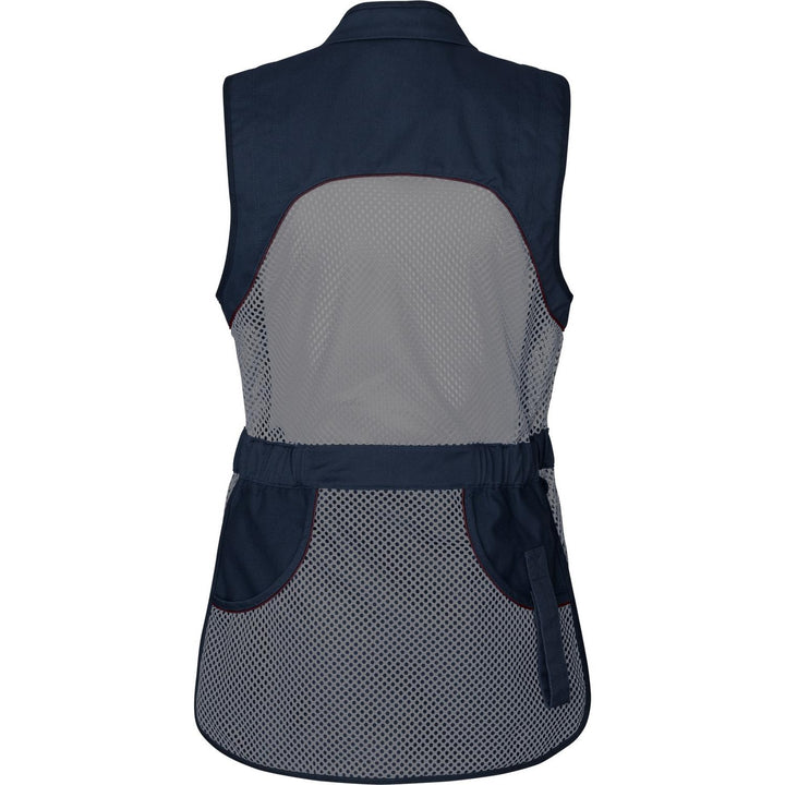 Seeland Skeet II Lady waistcoat in navy, back view showing the grey mesh back and lower back panels and the elasticated waist