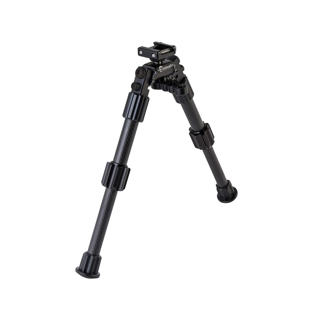 Caldwell AccuMax M-LOK KeyMod bipod, 6-9 inch, standing with both black legs splayed and extended and the mounting head uppermost, three-quarter view