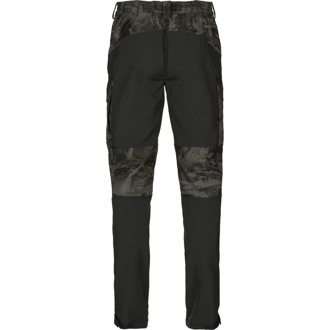 Rear view of the NOCTYX trousers showing the black seat reinforcement, rear cargo pockets and camo waistband