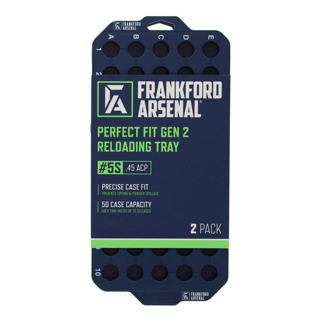 Frankford Arsenal Perfect Fit Gen 2 reloading tray #5S for .45 ACP, navy blue moulded tray shown front-on with 50 case recesses and printed 2 Pack branding