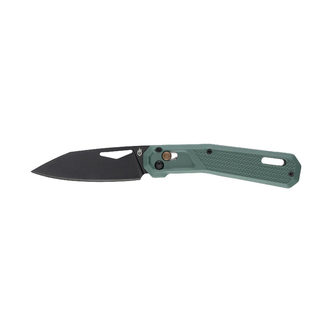 Gerber Vista folding clip knife in Baltic Haze sage green, shown open from the blade side with the black-coated drop-point blade