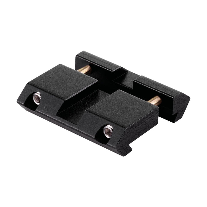 Immersive Optics Weaver mount dovetail insert, two black anodised blocks joined by brass posts, three-quarter view on white