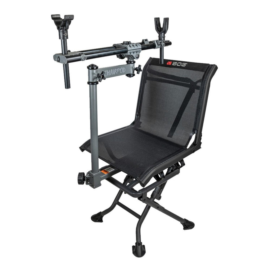 Bog ChairPod hunting rest, black folding swivel chair with a mesh seat and an integrated twin-yoke shooting rest arm above, three-quarter view