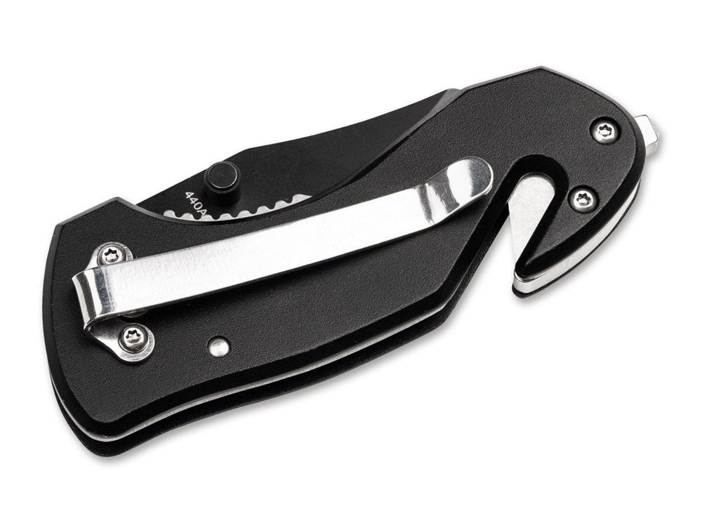 Böker Magnum Black Rescue folding knife back view showing steel pocket clip and glass breaker, black handle