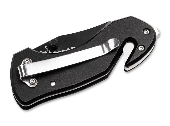 Böker Magnum Black Rescue folding knife back view showing steel pocket clip and glass breaker, black handle