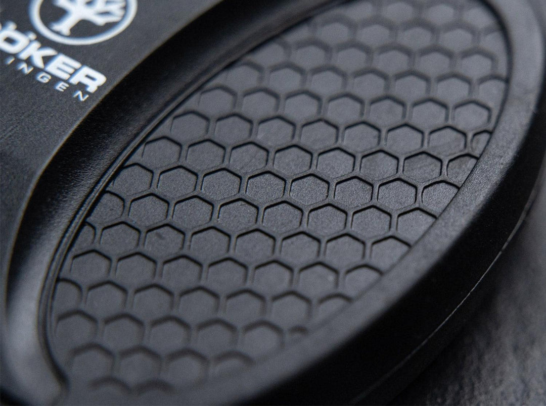 Close-up of the honeycomb textured grip pad on the Böker Two-Stage X-Shaped Pocket Sharpener