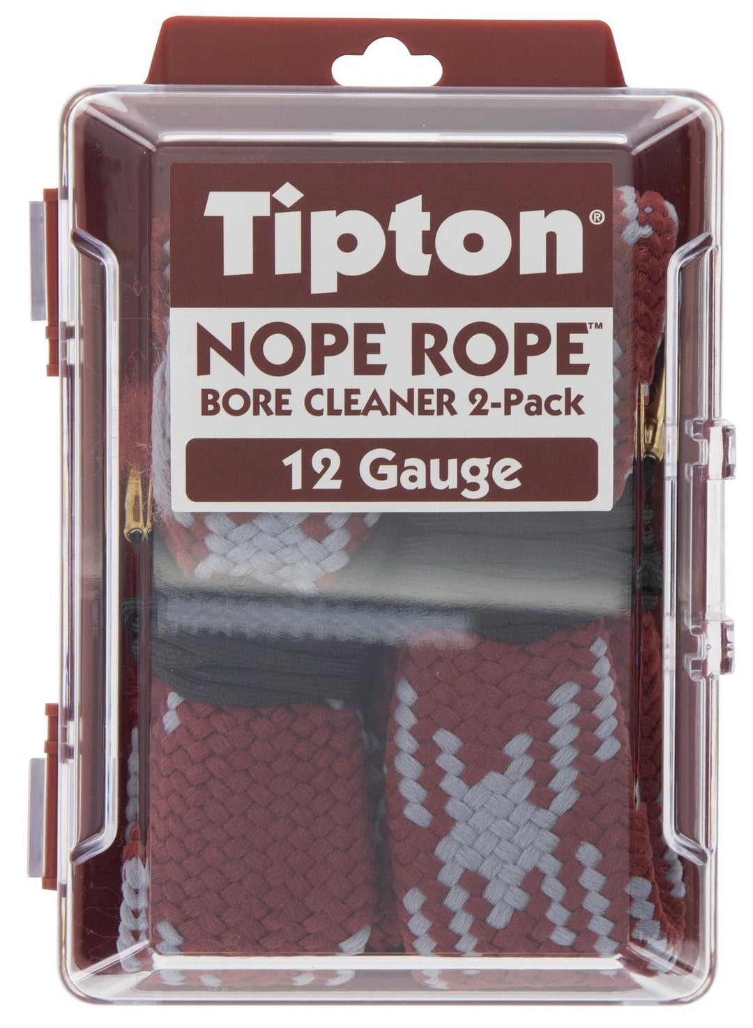 Tipton Nope Rope 12 gauge bore cleaner 2-pack in its clear hinged plastic case, red Tipton label on the front with the braided cleaning rope visible inside