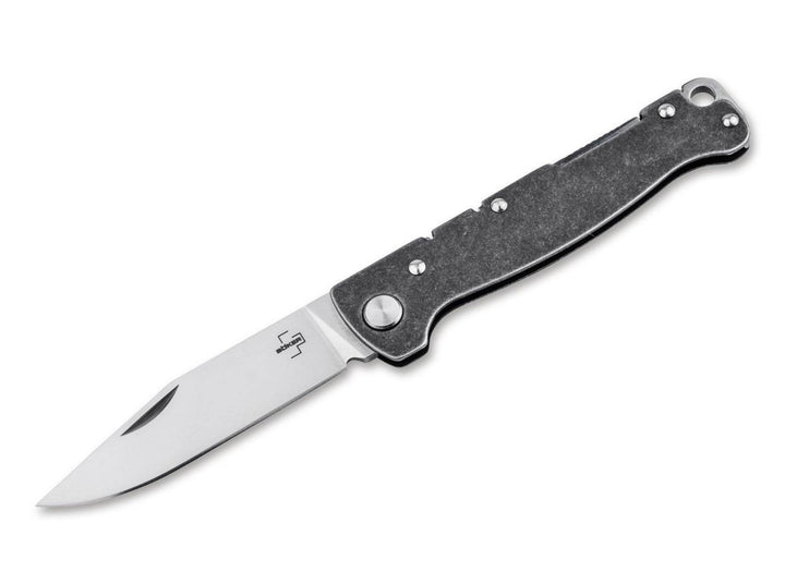 Böker Plus Atlas Backlock Clippoint folding knife with stonewashed dark steel handle and satin clip-point blade, open side view