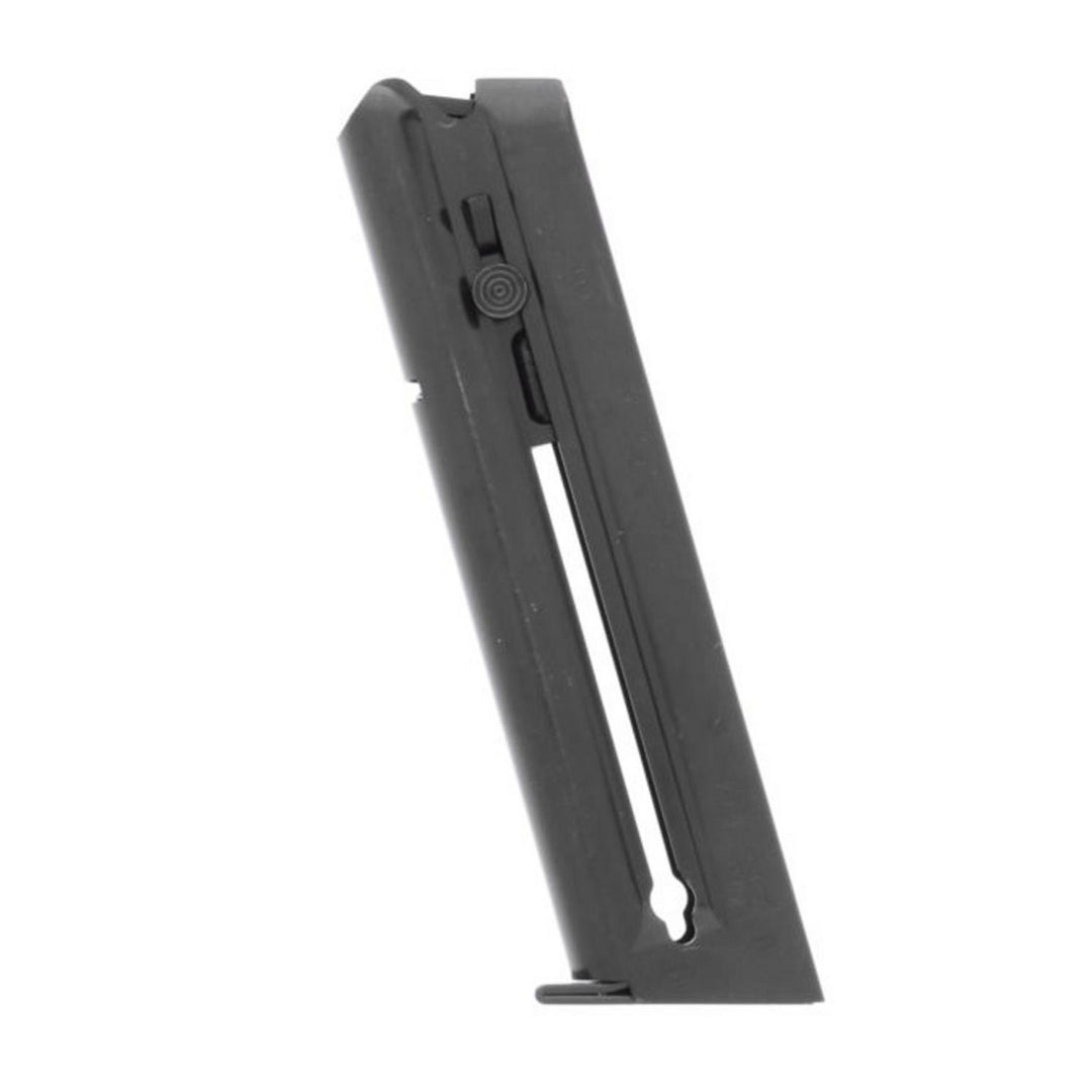 Smith & Wesson 10-round .22 LR magazine for the 41, 422 and 622 pistols, black steel single-stack magazine shown side-on with the witness slot and follower button