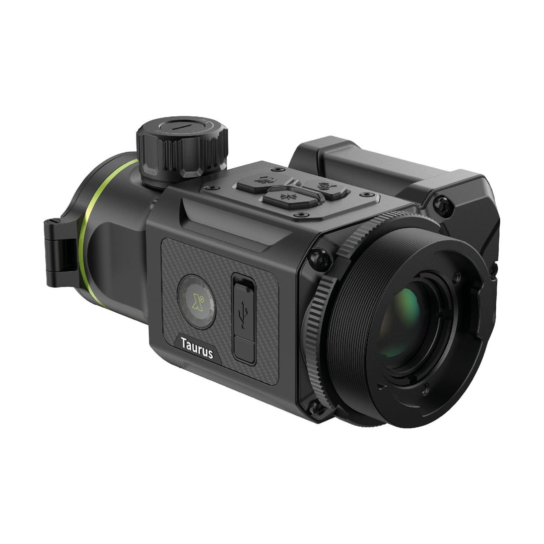 Pixfra Taurus T650 LRF, rear three-quarter view showing the control buttons, adjustment dial and covered USB-C port