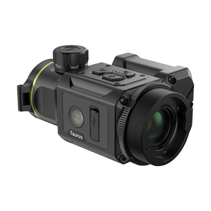 Pixfra Taurus T650 LRF, rear three-quarter view showing the control buttons, adjustment dial and covered USB-C port