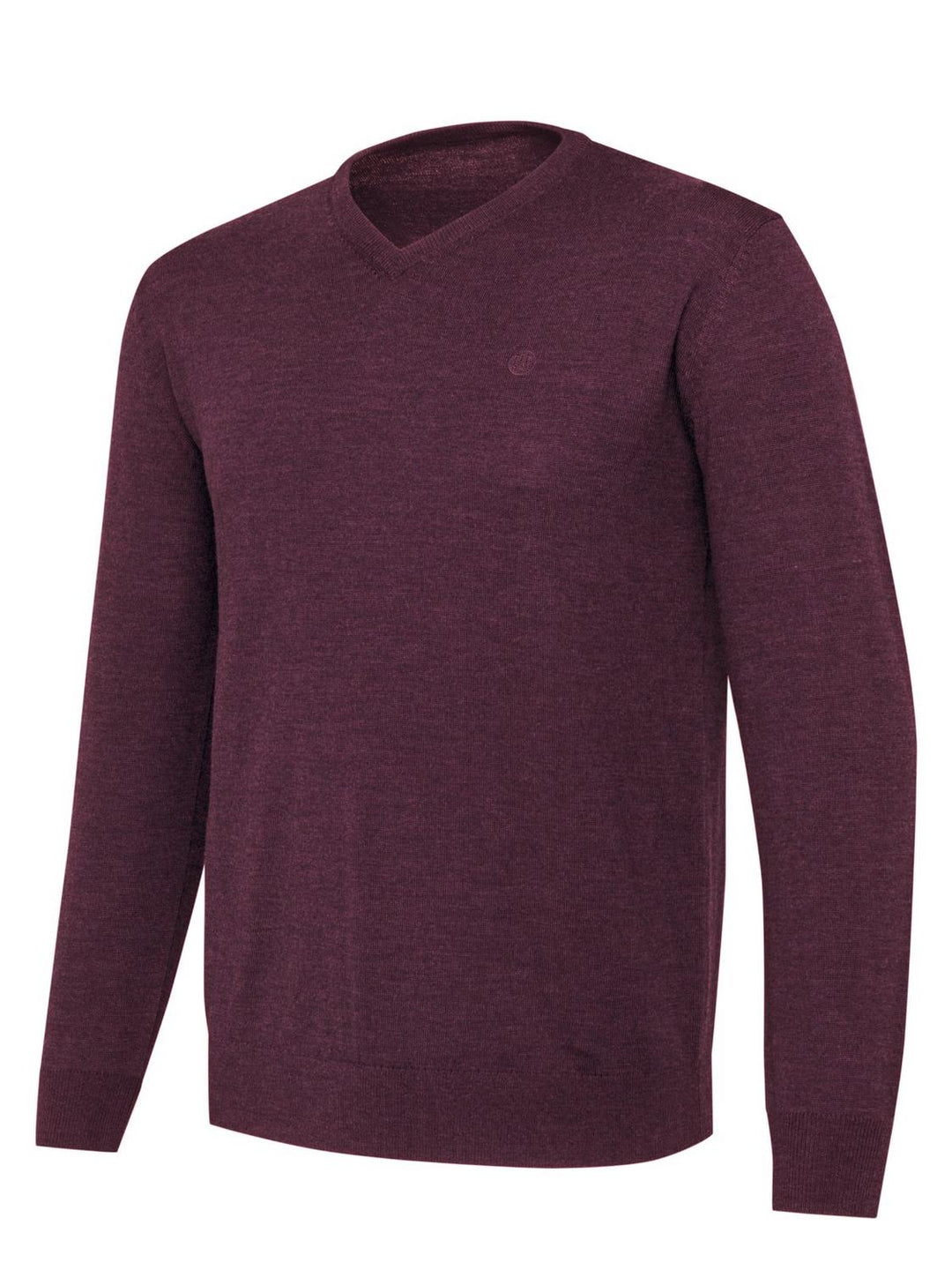Burgundy Beretta merino V-neck shown front-on at a slightly lower angle, V neckline and small tonal logo visible