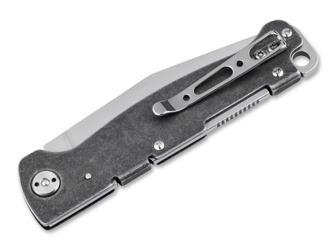 Böker Plus Atlas Backlock Clippoint folding knife closed, stonewashed handle with pocket clip, angled view