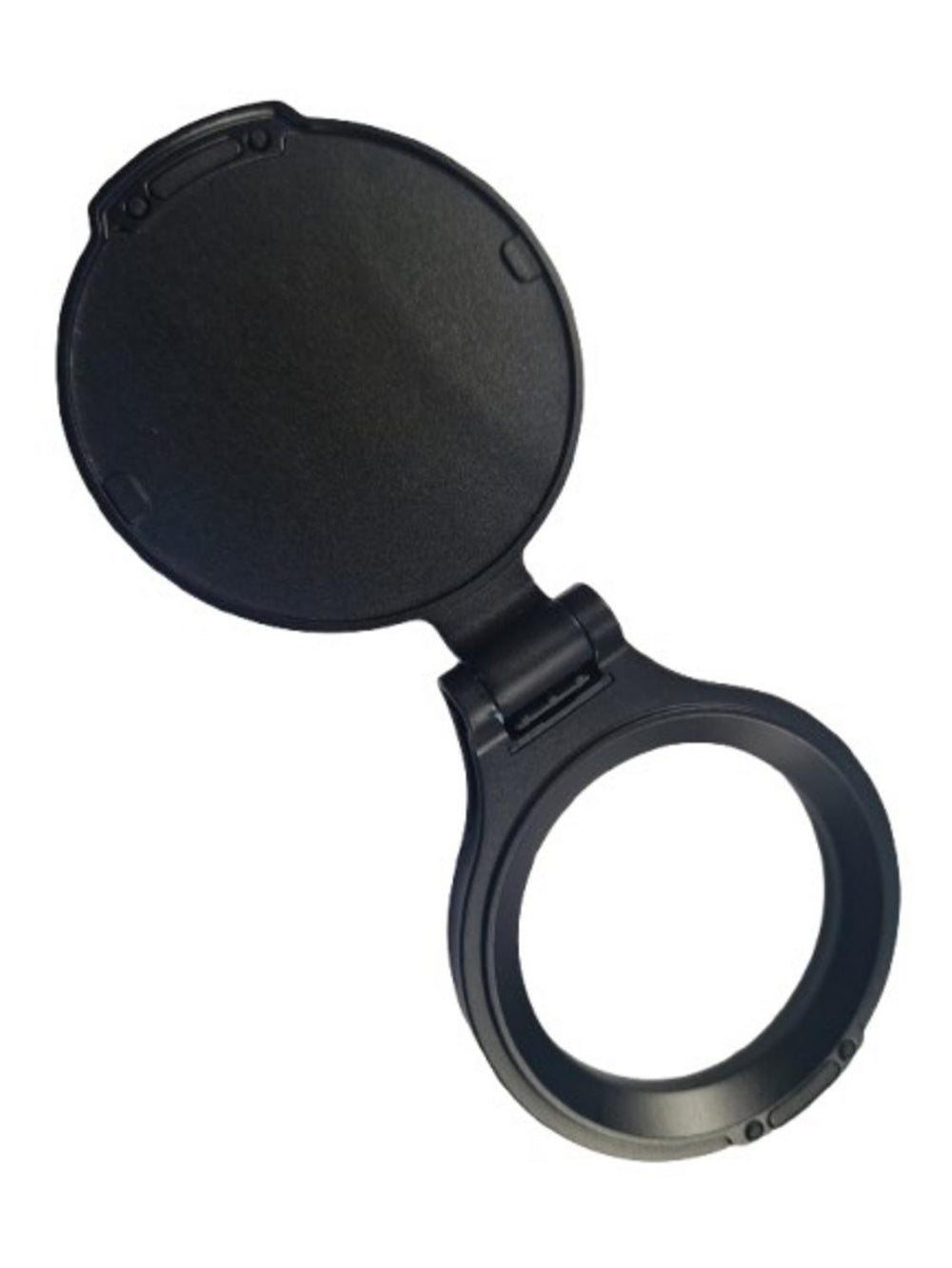 HIKMICRO Alpex lens cover shown open, the black hinged cap flipped up above the ring that fits the lens