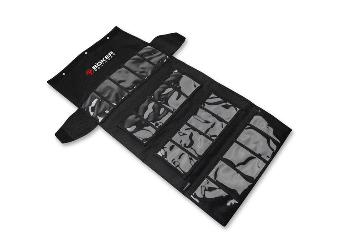 Böker Knife Vault 2.0 black display bag laid open at an angle showing clear knife pockets inside