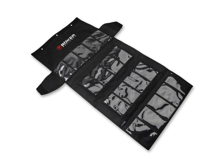 Böker Knife Vault 2.0 black display bag laid open at an angle showing clear knife pockets inside
