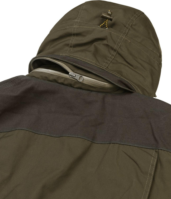 Close-up of the Seeland Key-Point Lady jacket hood and shoulder, showing the darker contrast shoulder panel, collar zip and drawcord.