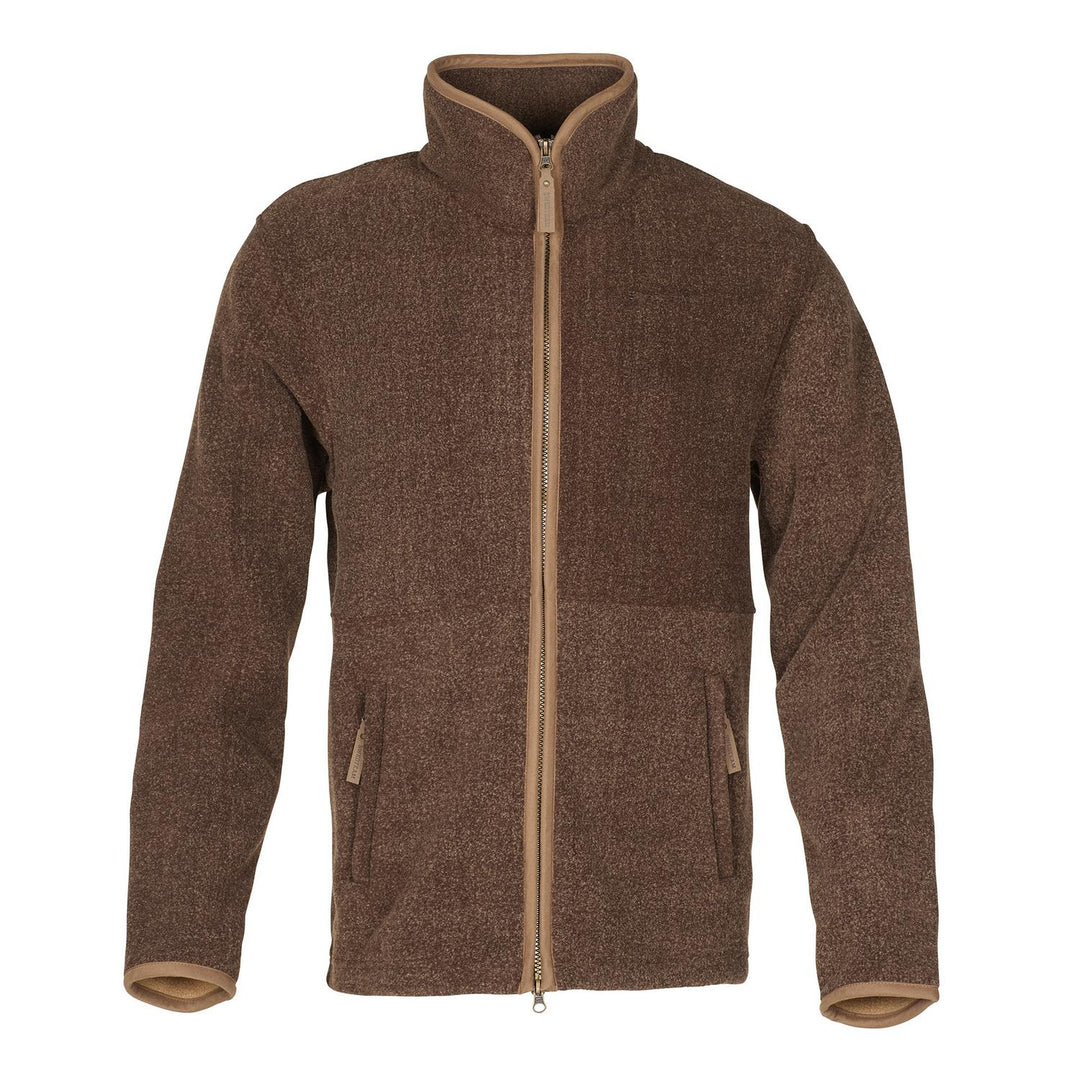 Front view of the same fleece jacket in a heathered brown colourway with tan collar, cuff and hem trim.