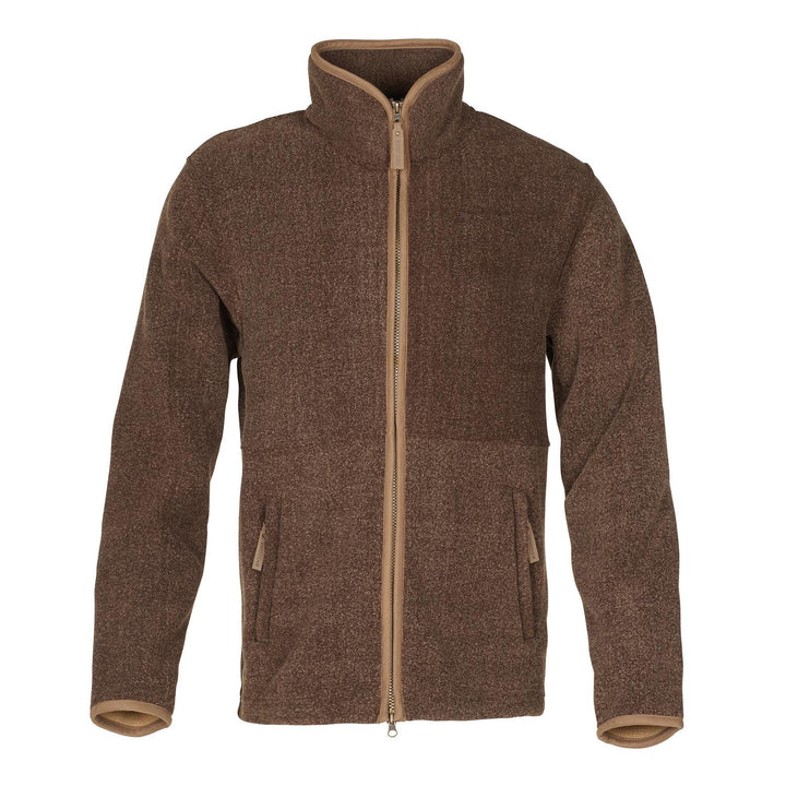 Front view of the same fleece jacket in a heathered brown colourway with tan collar, cuff and hem trim.