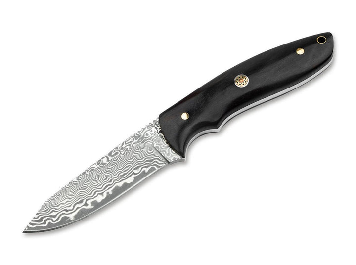 Böker Magnum Vernery Damascus fixed blade knife with black handle, brass pins and Damascus blade, side view