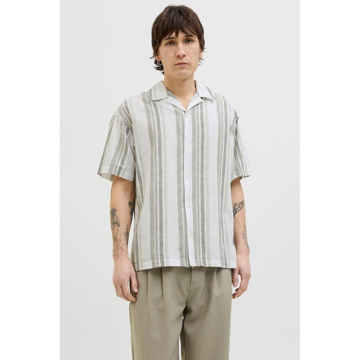 Jack & Jones Jack & Jones Premium revere collar linen shirt in White with Green stripe Vetiver