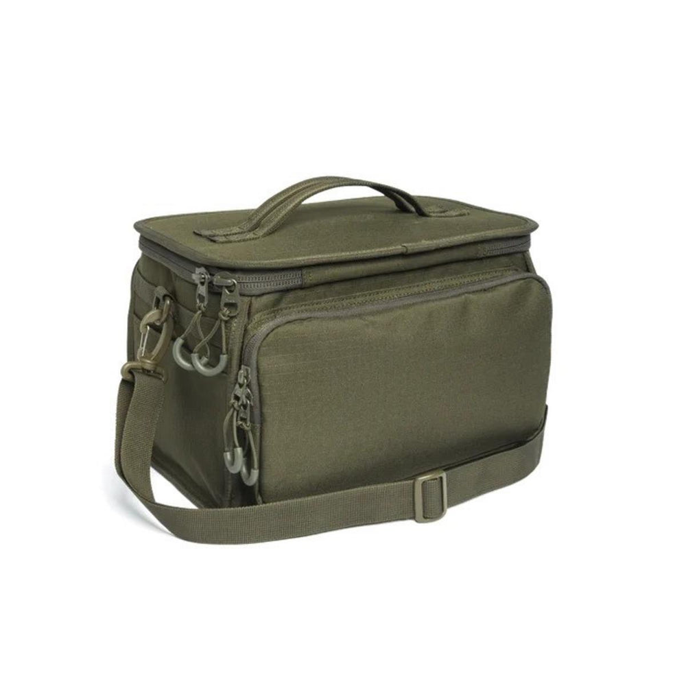 Beretta GameKeeper EVO cartridge bag in olive green, three-quarter view with the lid partly open