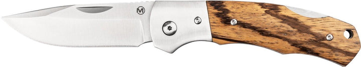 Böker Magnum Rustic folding knife open, striped zebrawood handle with steel bolster and satin blade, side view