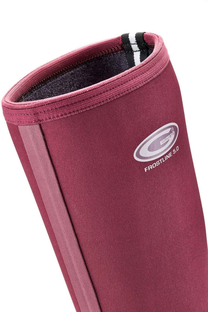 Close-up of the top of a berry pink Grubs Frostline 5.0 boot showing the Grubs logo, fleece lining and pull strap