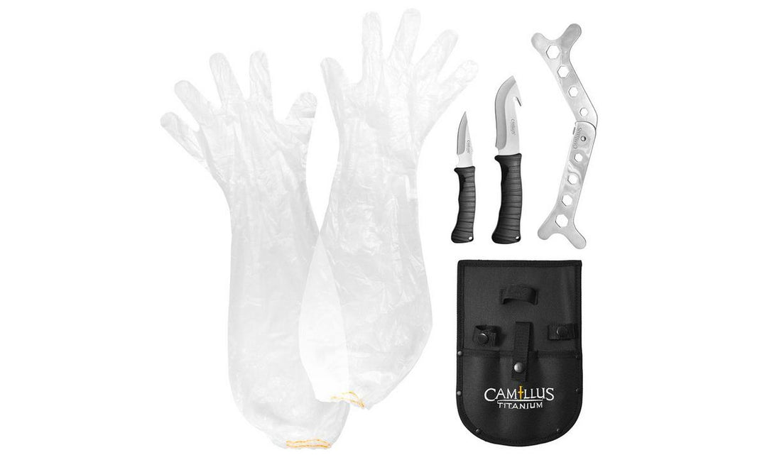 Camillus 5 Piece Essential Hunting Kit / Includes Fixed Blade Gut Hook, Caping Knife, Rip Spreader, Sheath & Gloves