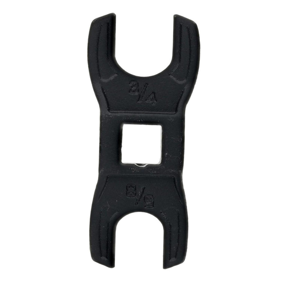 Wheeler Delta Series double-ended crowfoot wrench marked 5/8 and 3/4, black steel body with a square drive socket in the centre, shown flat