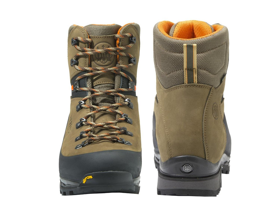 Beretta Trail GTX boots shown front-on and back-on side by side, with the orange collar lining and padded tongue visible.