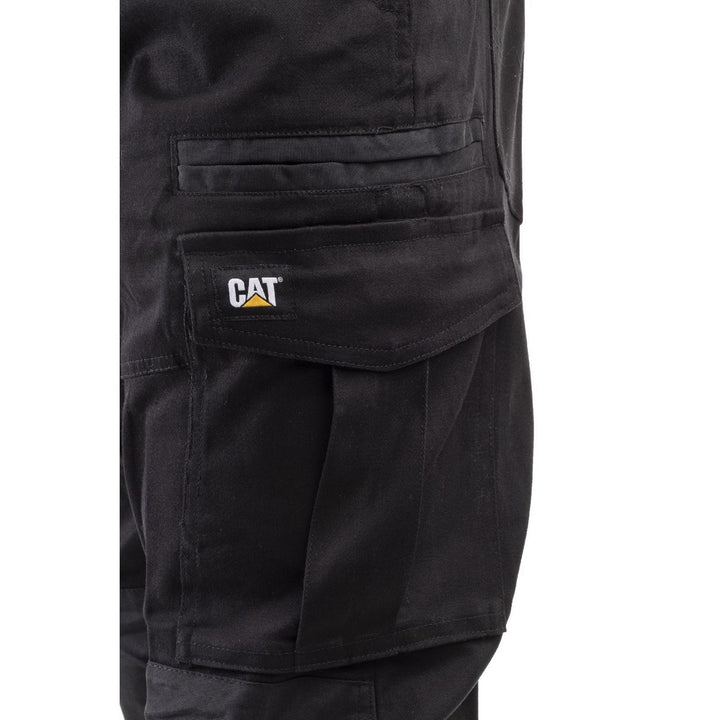 Close-up of the black cargo pocket with CAT logo label on the Caterpillar Dynamic trouser