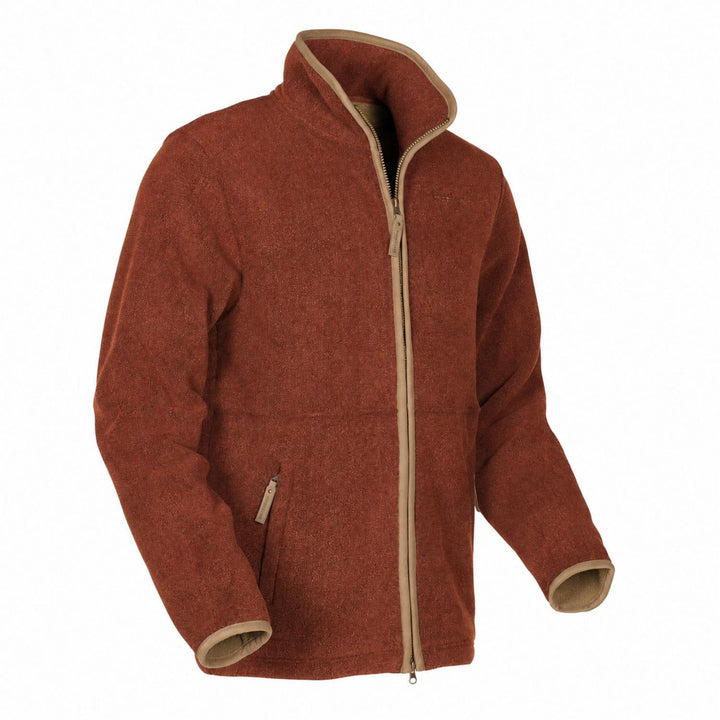 Three-quarter front view of the fleece jacket in rust red with tan contrast trim and matching zip pulls.