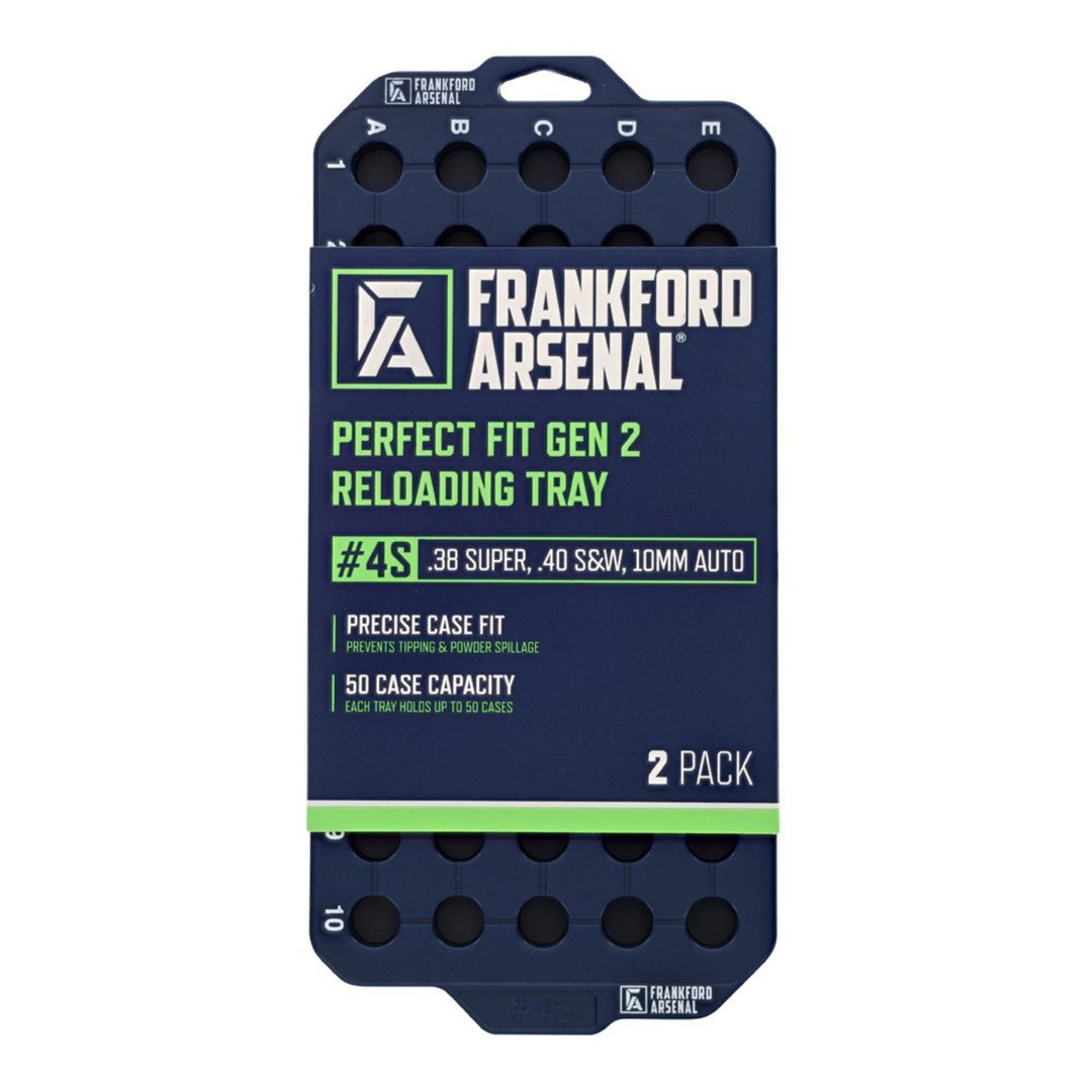 Frankford Arsenal Perfect Fit Gen 2 reloading tray #4S for .38 Super, .40 S&W and 10mm Auto, navy blue tray front-on with lettered and numbered case recesses