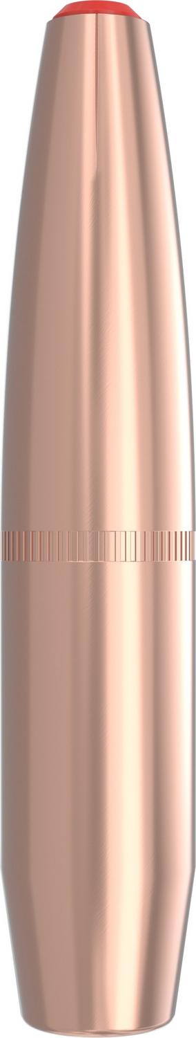 Hornady 307gr SUB-X .338 bullet standing upright on its base, plain copper jacket with cannelure and red tip, straight-on side view